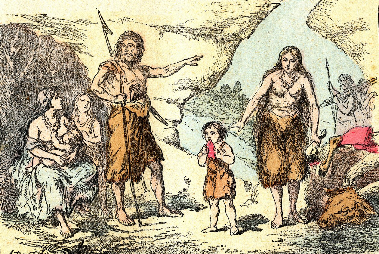 Uma família na época das renas (Prehistoire): Criação natural e seres vivos. Desenho de A. Demarle. 1885 de Alphonse Demarle