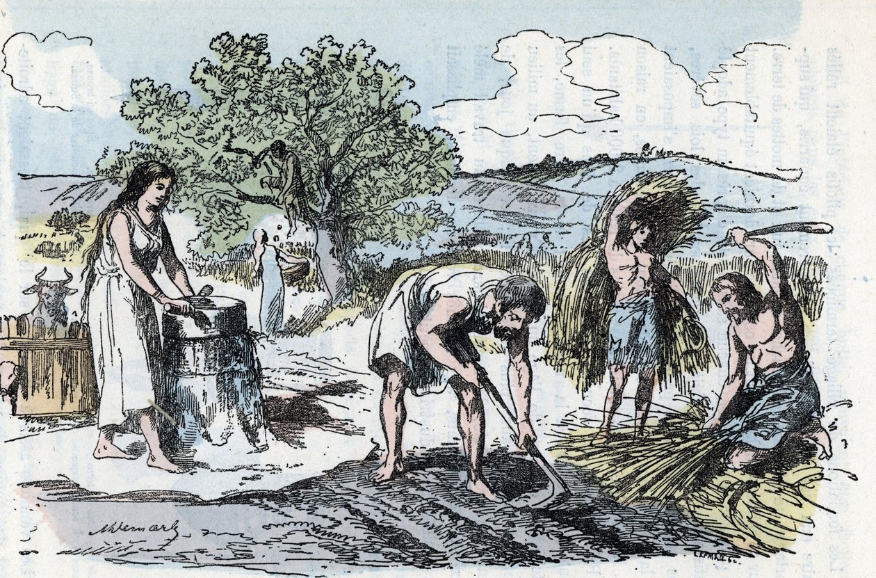 O quotidiano na Pré-história: cena do trabalho agrícola na era da gravura em ferro de "La nature et l
