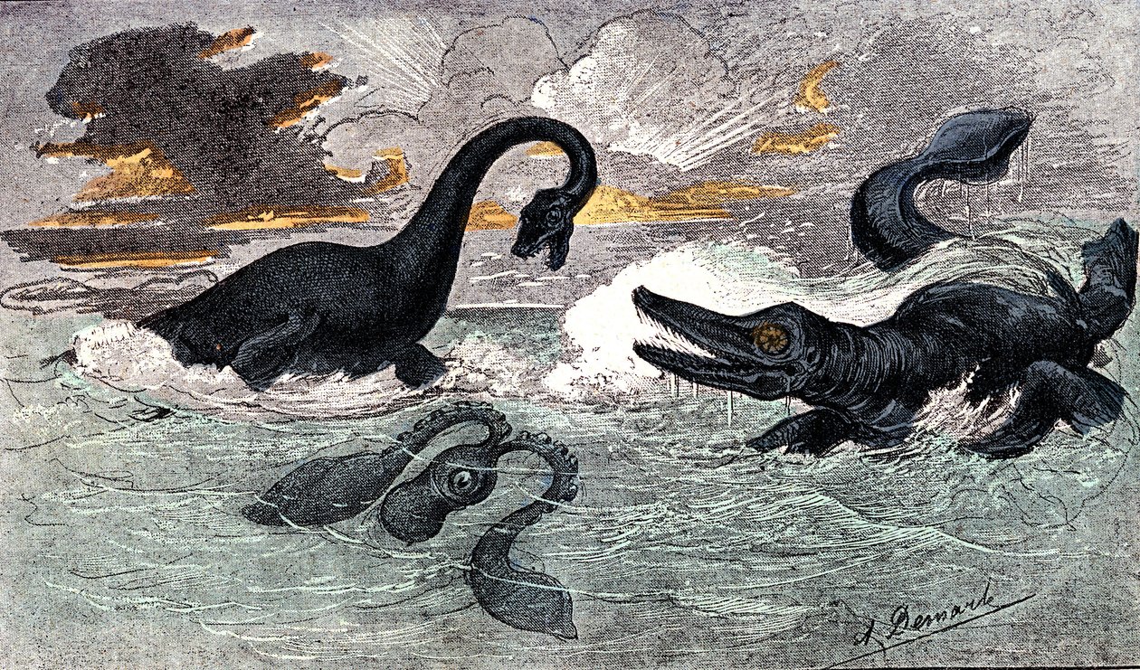 Período Lias (Jurássico Inferior): Plesiossauro e Ictiossauro, criação natural e seres vivos (de Jules Rengade) Desenho de A. Demarle. 1885 de Alphonse Demarle