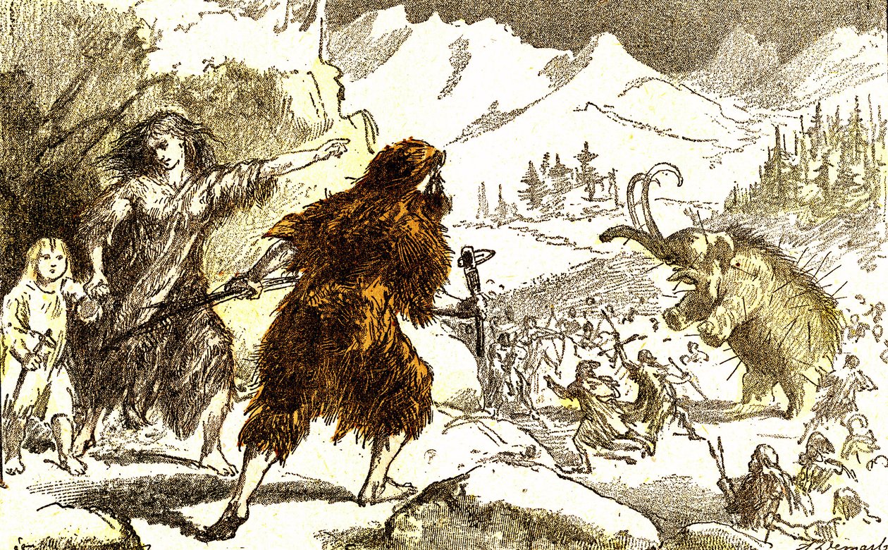 Pré-história - caça à traça. Período glaciar: A criação natural e os seres vivos. Desenho de A. Demarle. 1885 de Alphonse Demarle