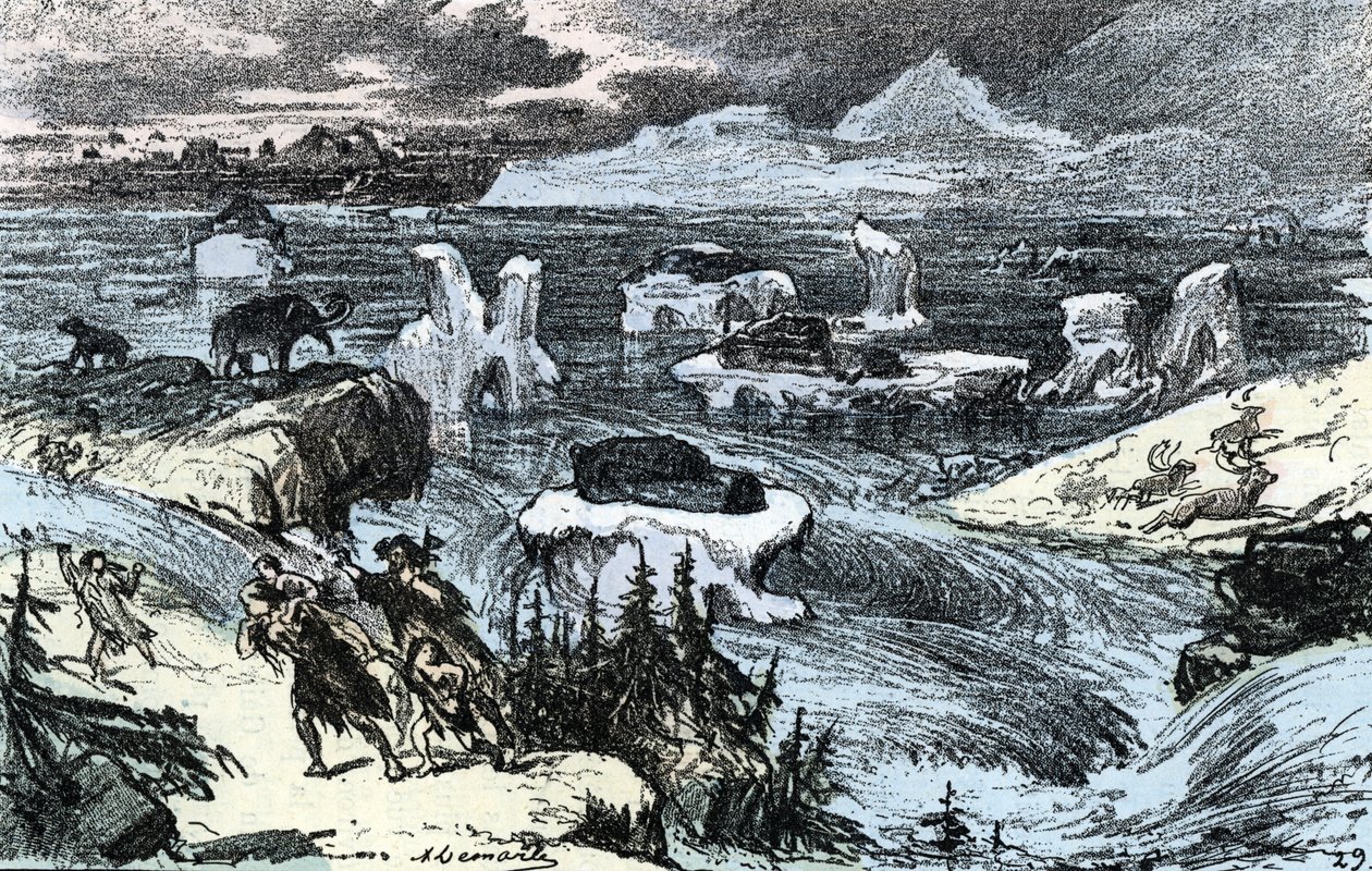 Pré-história; inundações na Europa Central no final da Idade do Gelo Gravura da "Natureza e o Homem" de Rengade 1881 Colecção privada de Alphonse Demarle