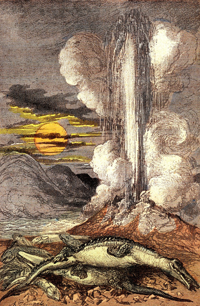 Erupções venenosas de águas termais no período triásico. A criação e os seres vivos (de Jules Rengade). Desenho de A. Demarle. 1885 de Alphonse Demarle