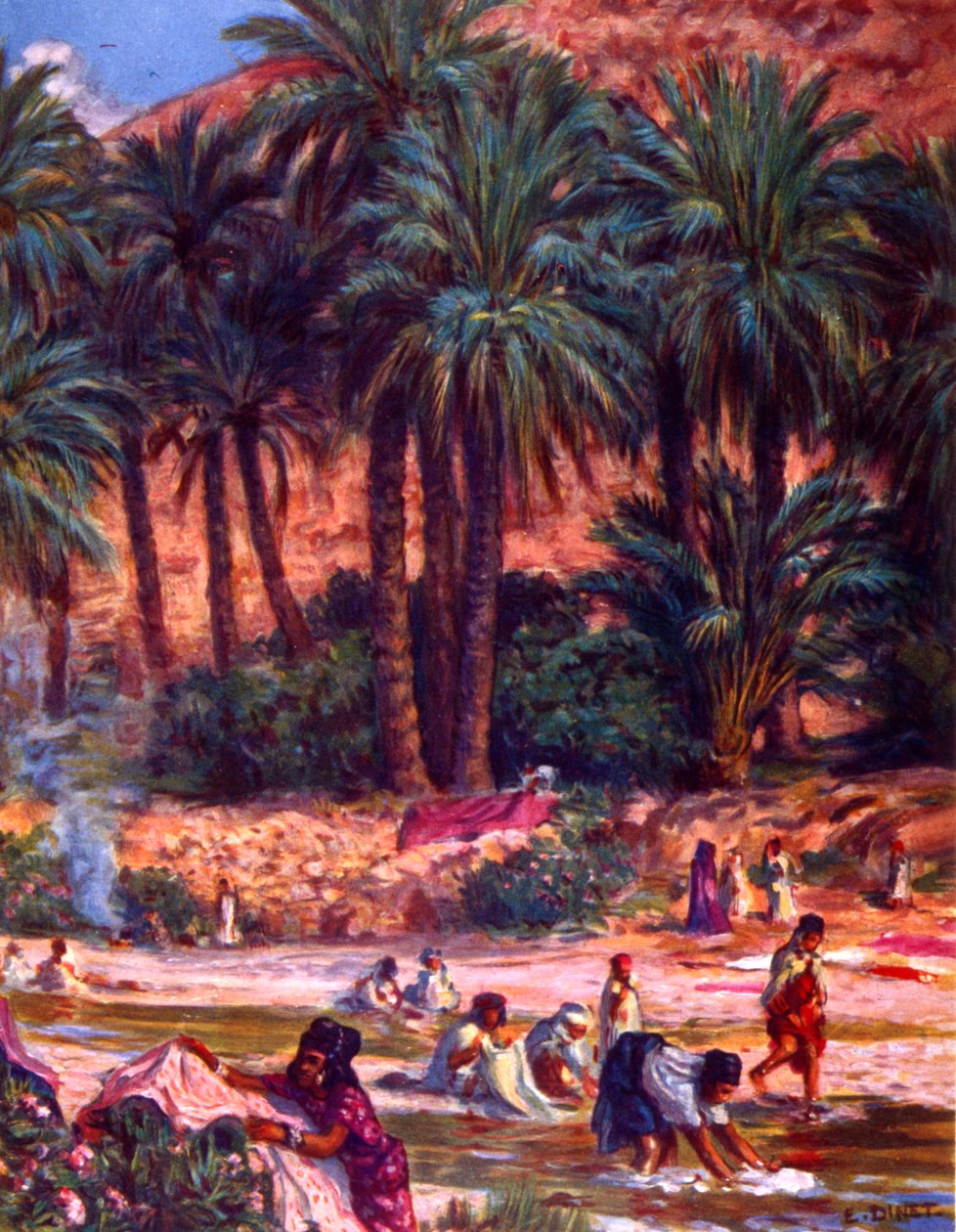 Grupo de mulheres árabes nómadas lavando roupas num oásis no deserto. por Nasreddine Dinet (Alphonse-Étienne Dinet). 1861 1929. pintora orientalista francesa 1918 de Alphonse Etienne Dinet