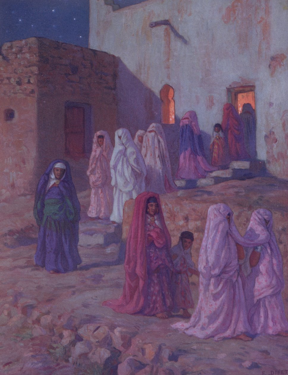 Muçulmanos deixando a mesquita da aldeia na véspera de Mouled, ilustração de uma história da vida do profeta Maomé, publicada em Paris em 1918 de Alphonse Etienne Dinet