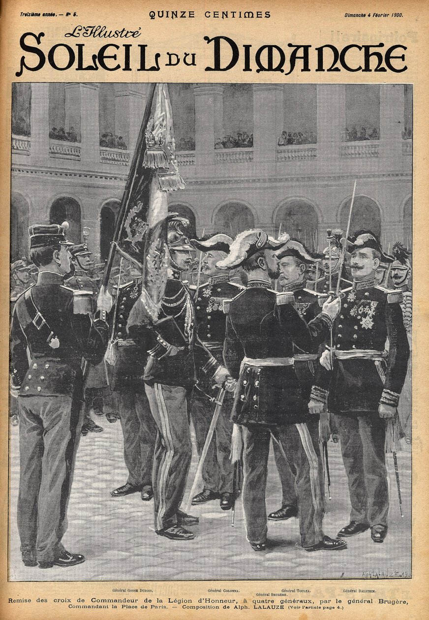 Apresentação das cruzes do comandante da Legião de Honra a quatro generais (Gosse Dubois, General Colonna, General Toulza, General Dalstein) pelo General Brugere. Gravação por Lalauze para a de "Le Soleil-du-Dimanche" em fevereiro de 1900. de Alphonse Lalauze