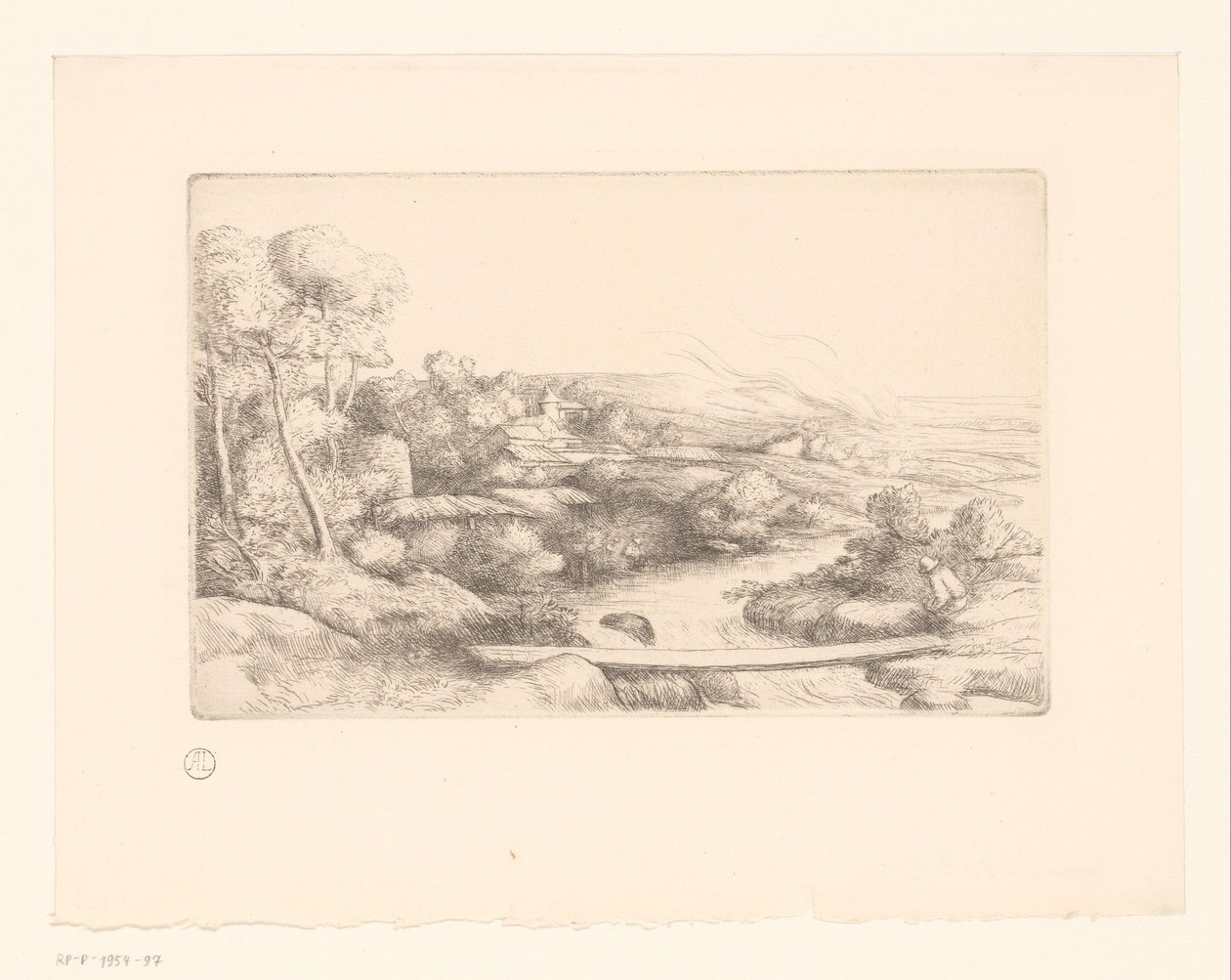Paisagem com prancha sobre um rio la passerelle de Alphonse Legros (attributed to)