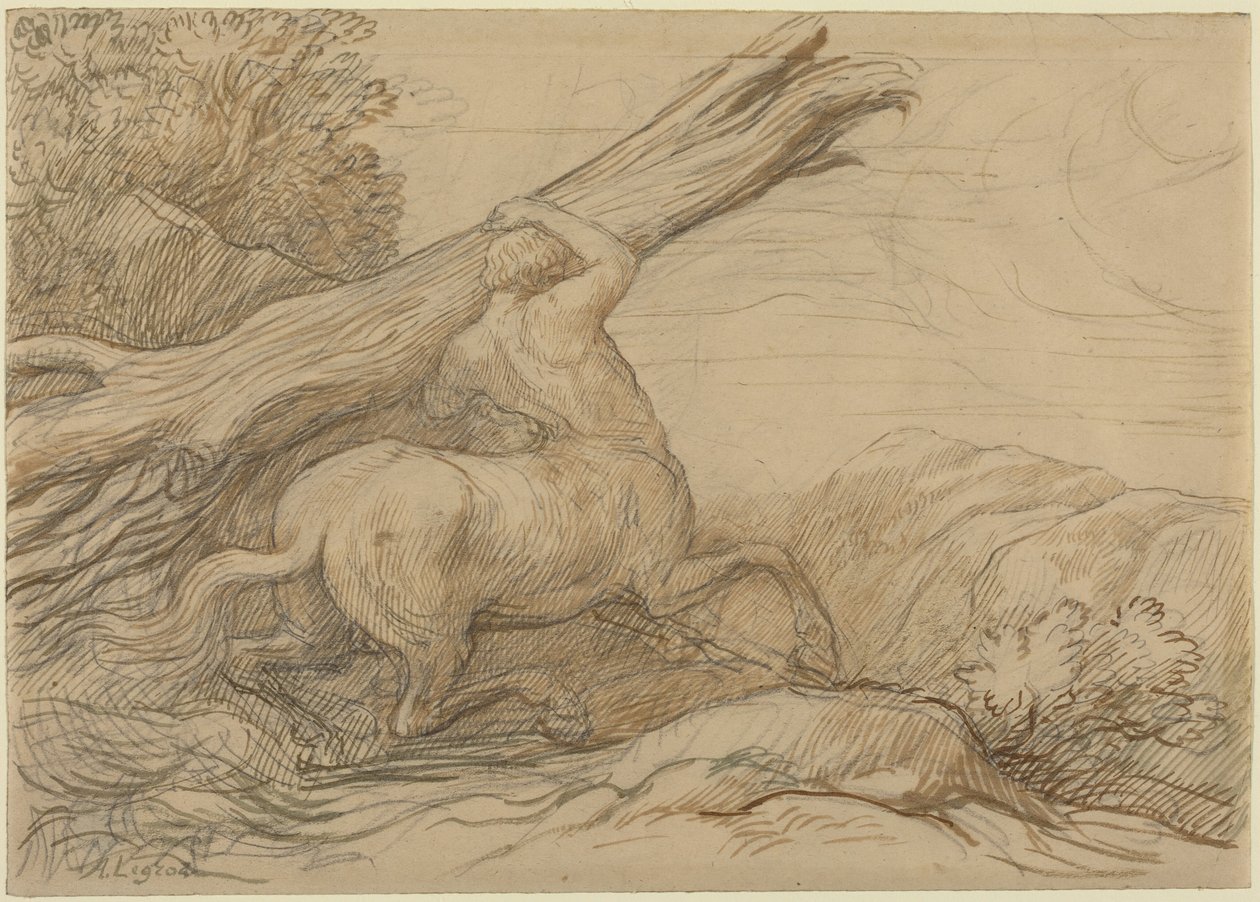 Centauro a carregar um tronco de árvore (tinta castanha e verde sobre grafite) de Alphonse Legros