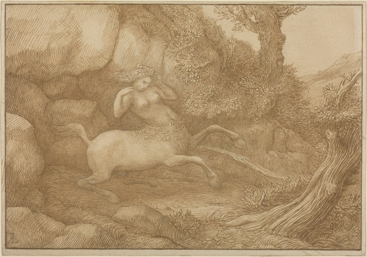 Mulher Centauro (caneta e tinta castanha sobre grafite em papel de cera) de Alphonse Legros