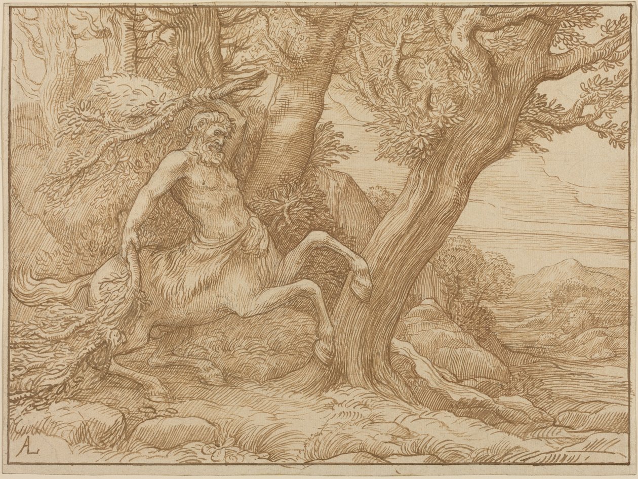 Centauro com ramos (caneta e tinta castanha sobre papel de cera) de Alphonse Legros