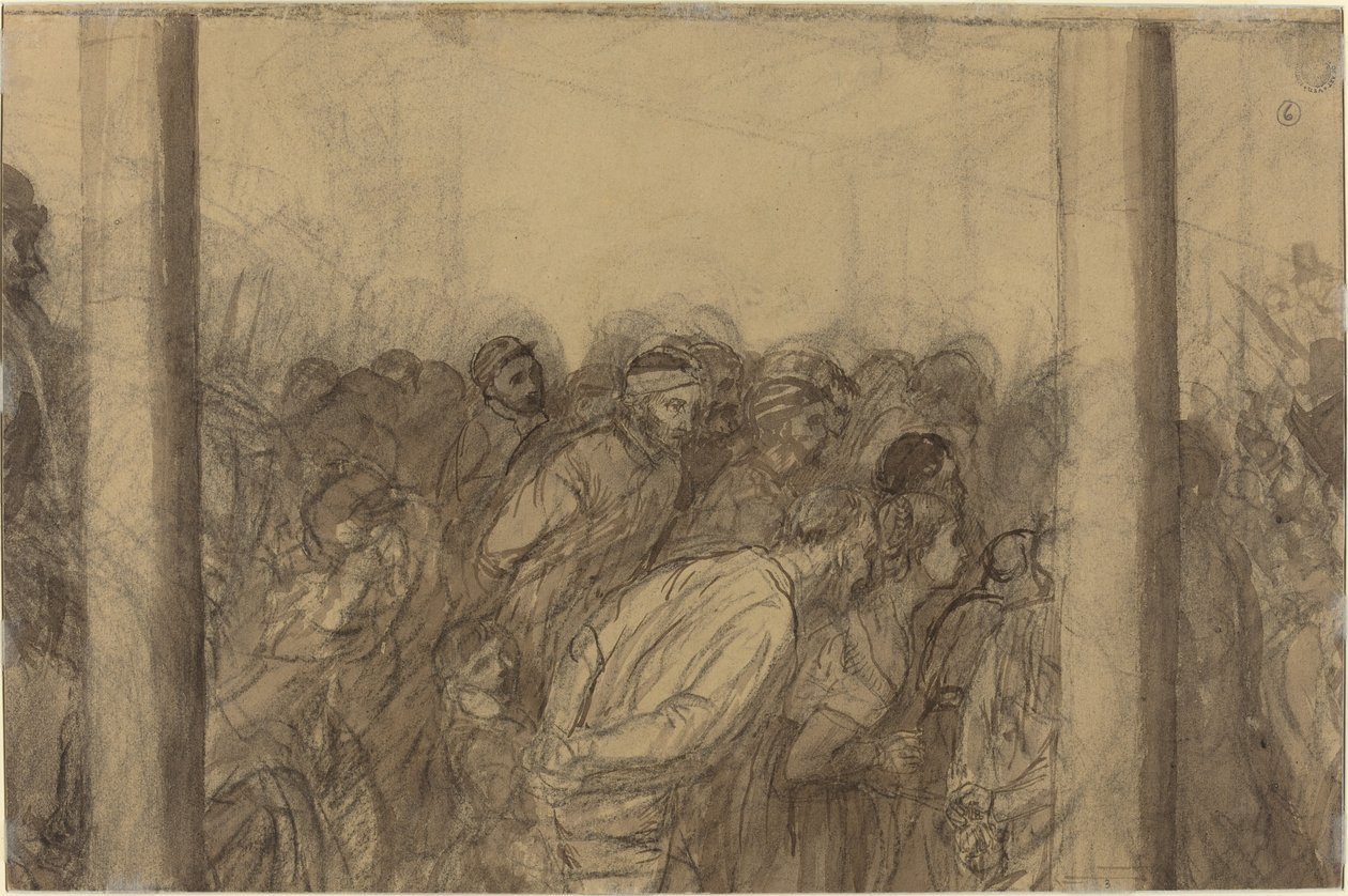 Multidão de pessoas vistas entre duas colunas [verso] de Alphonse Legros