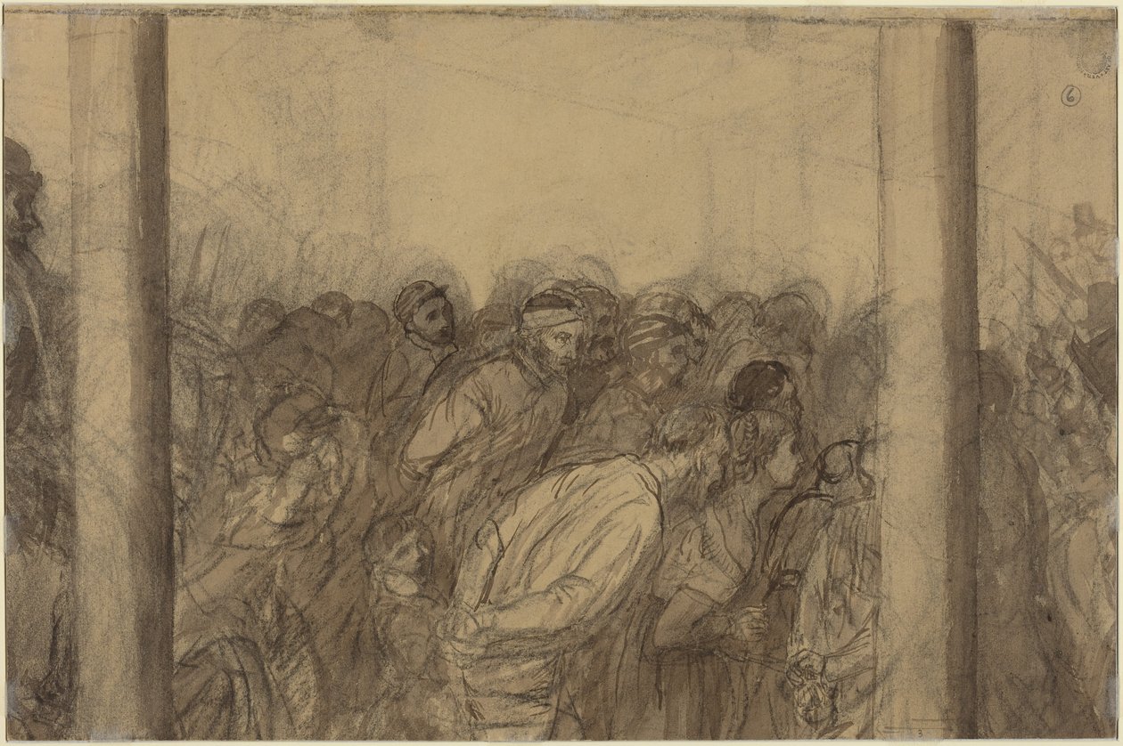 Multidão de pessoas vista entre duas colunas [verso] de Alphonse Legros