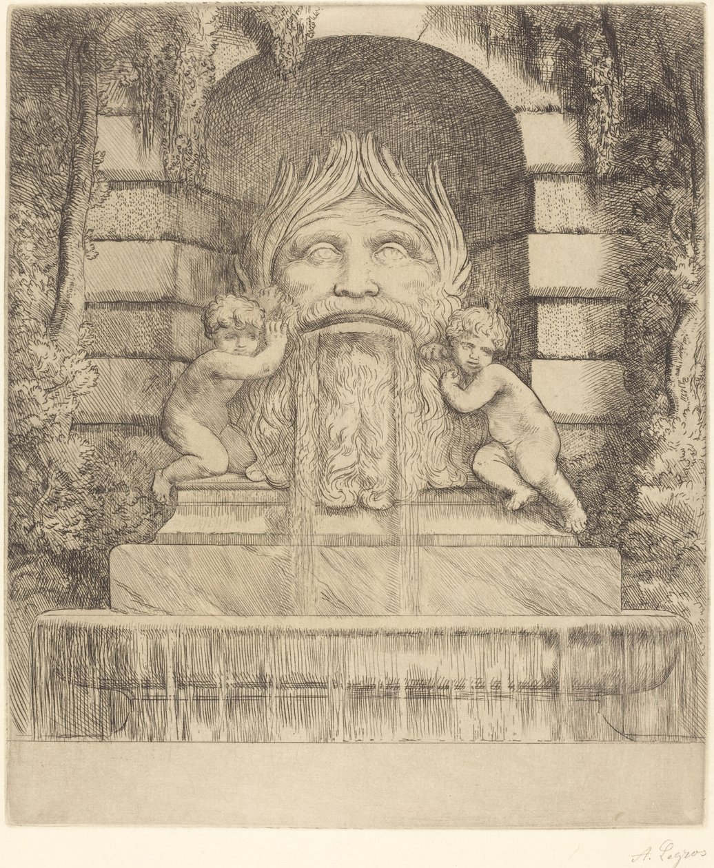 Fonte: Grotesco, Crianças e Bacia (Une fonte: Masque, enfants et bassin) de Alphonse Legros