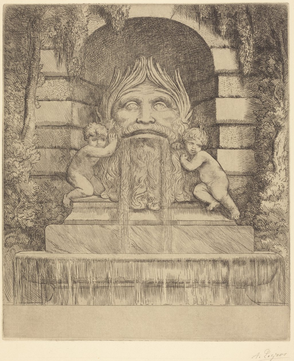 Fonte: Máscara grotesca, crianças e bacia (Uma fonte: Máscara, crianças e bacia) de Alphonse Legros