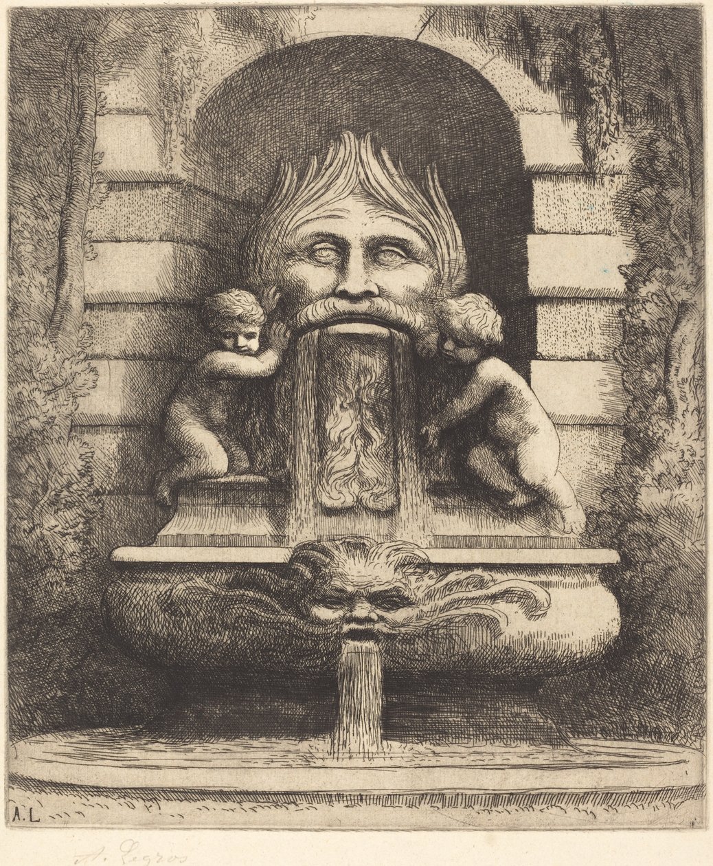 Fonte: Grotesco, Crianças e Bacia Une fonte: Masque, enfants et bassin. de Alphonse Legros