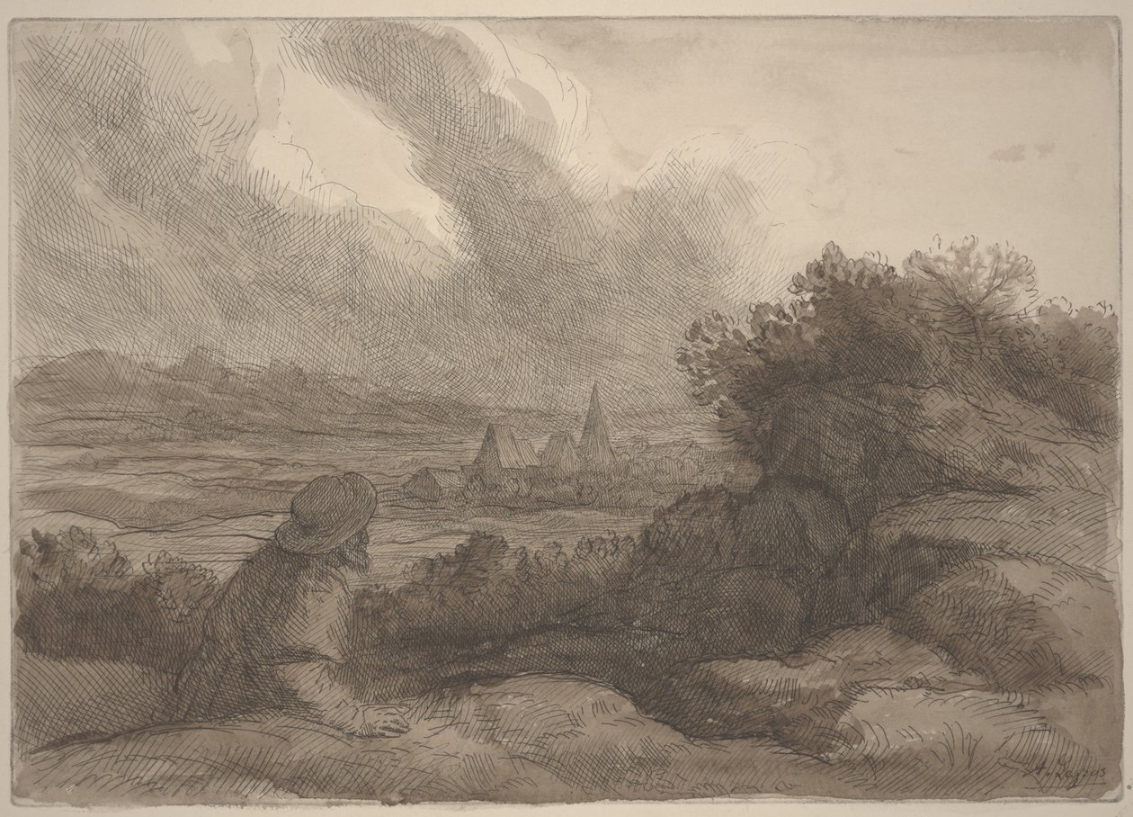 Paisagem (gravura com lavagem sépia) de Alphonse Legros