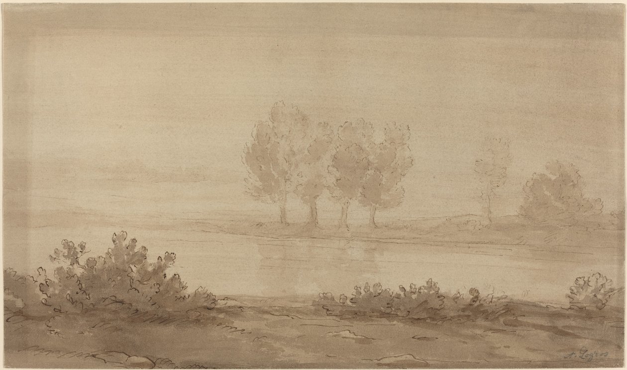 Paisagem - quatro árvores além de um rio. de Alphonse Legros