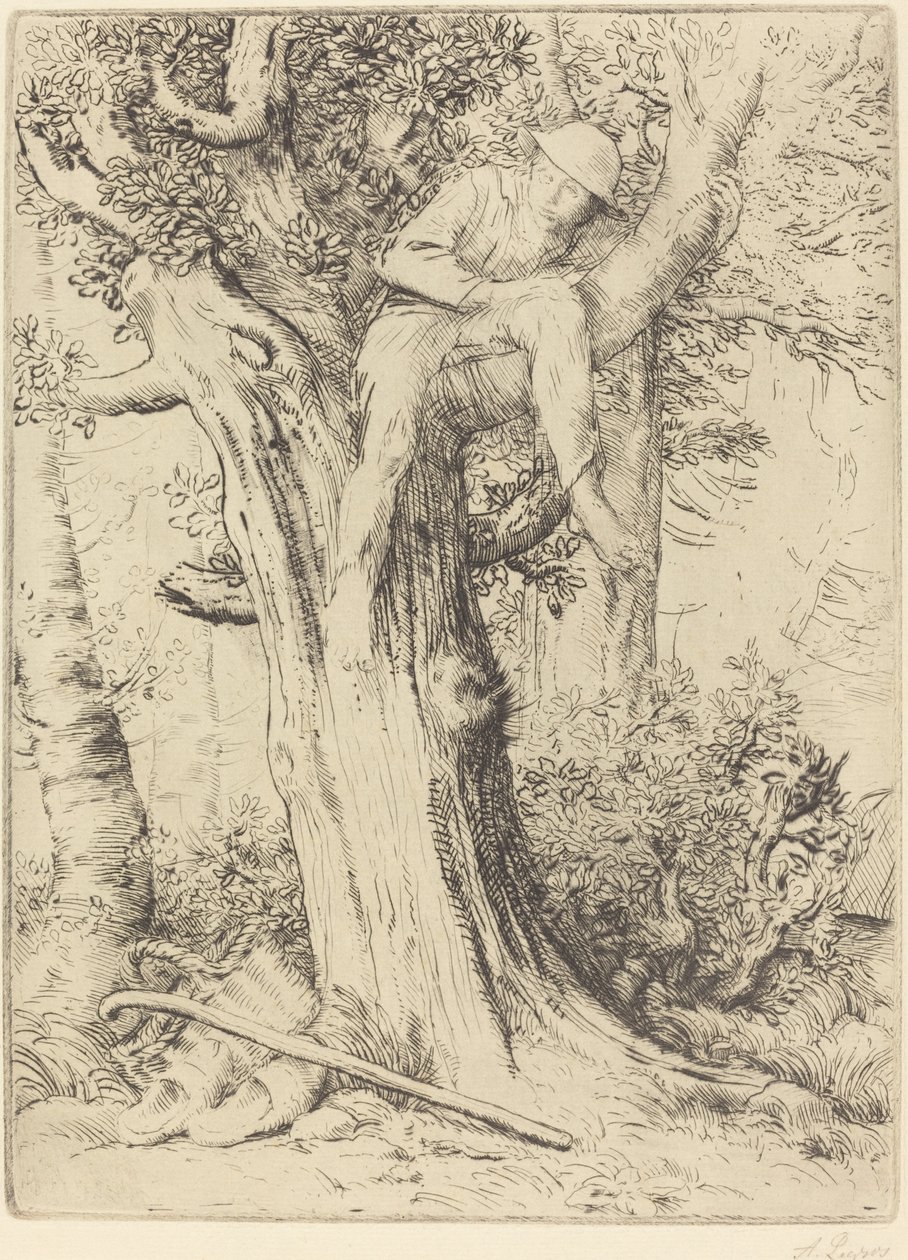 Paisagem com um menino em uma árvore de Alphonse Legros