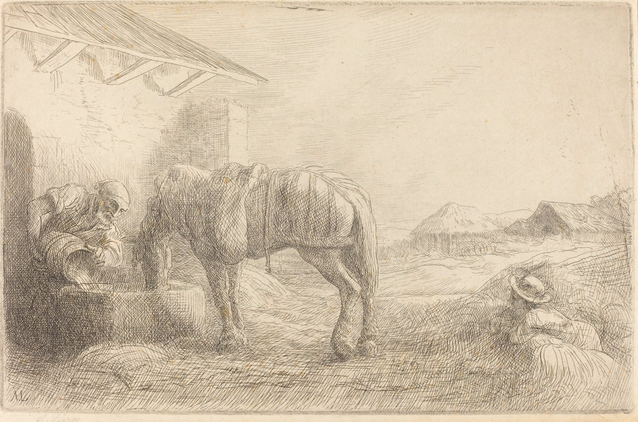 Homem a regar um cavalo Homme abreviado un cheval. de Alphonse Legros