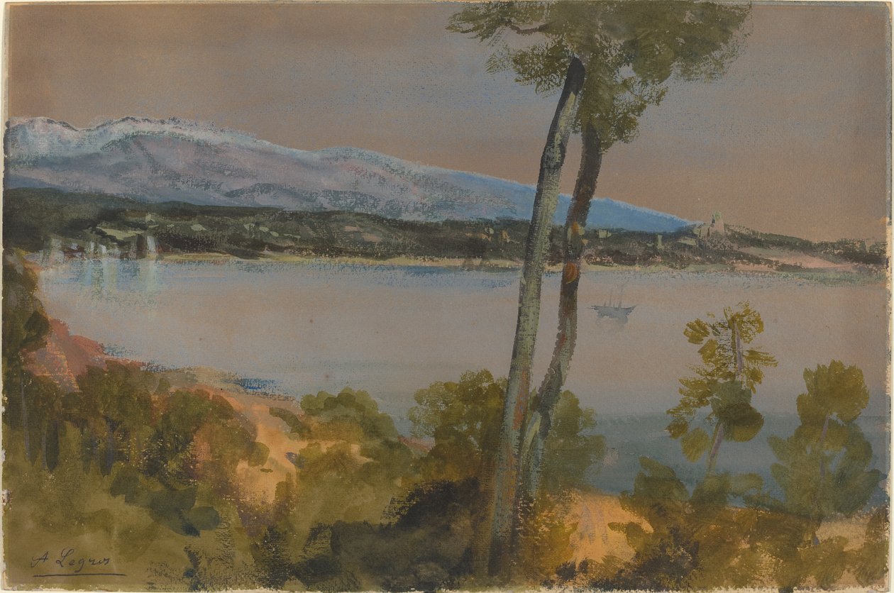 Montanhas vistas além de um lago. de Alphonse Legros