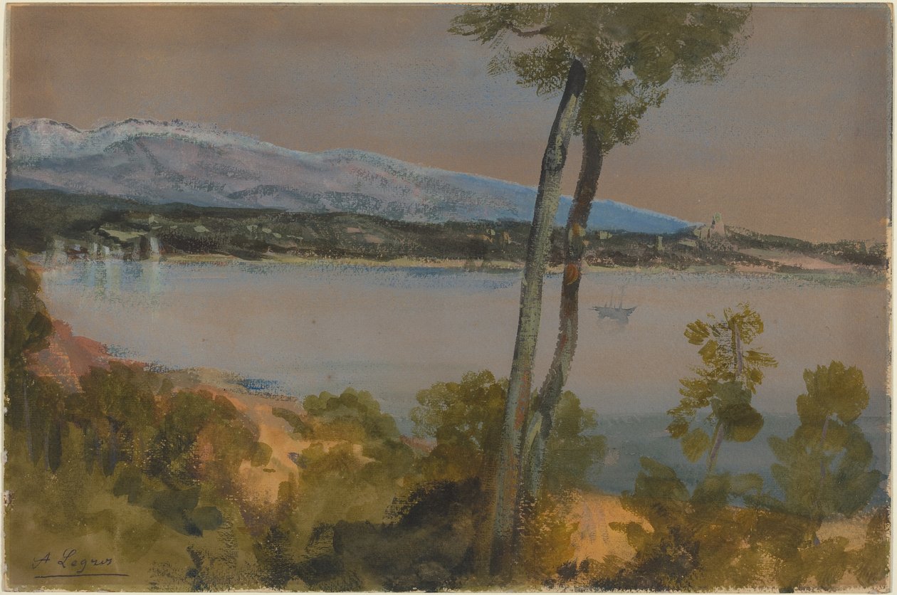 Montanhas avistadas do outro lado de um lago de Alphonse Legros