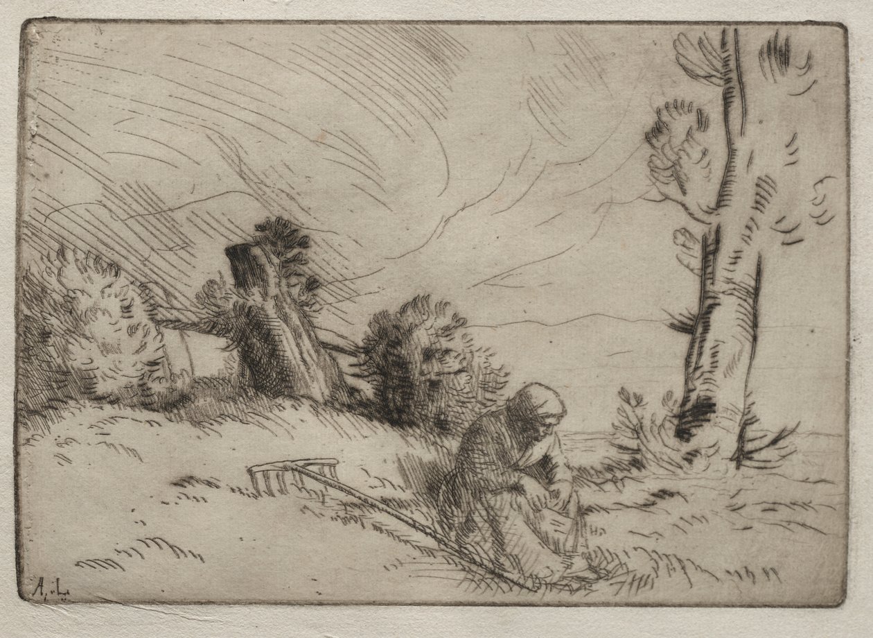 Mulher camponesa sentada perto de uma cerca viva de Alphonse Legros