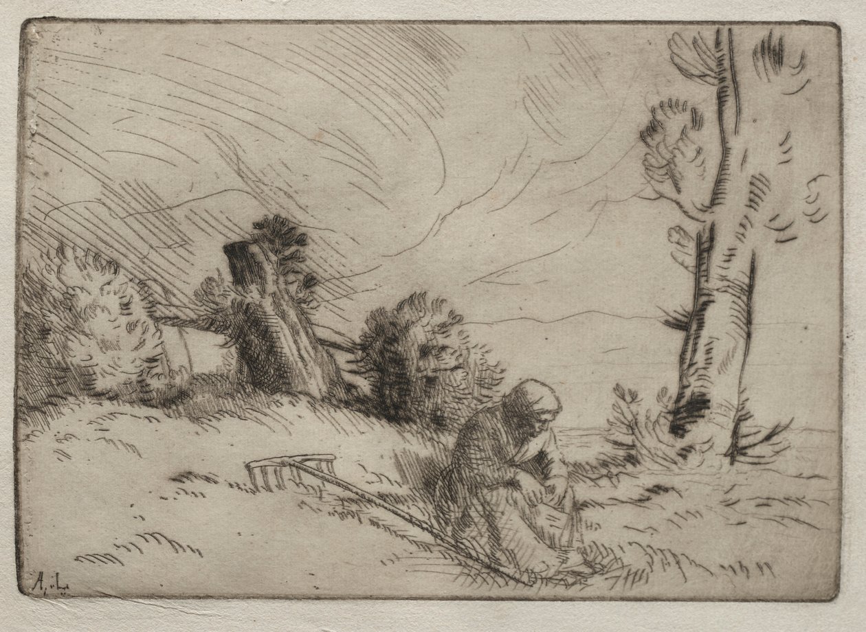 Camponesa sentada perto de uma cerca. de Alphonse Legros