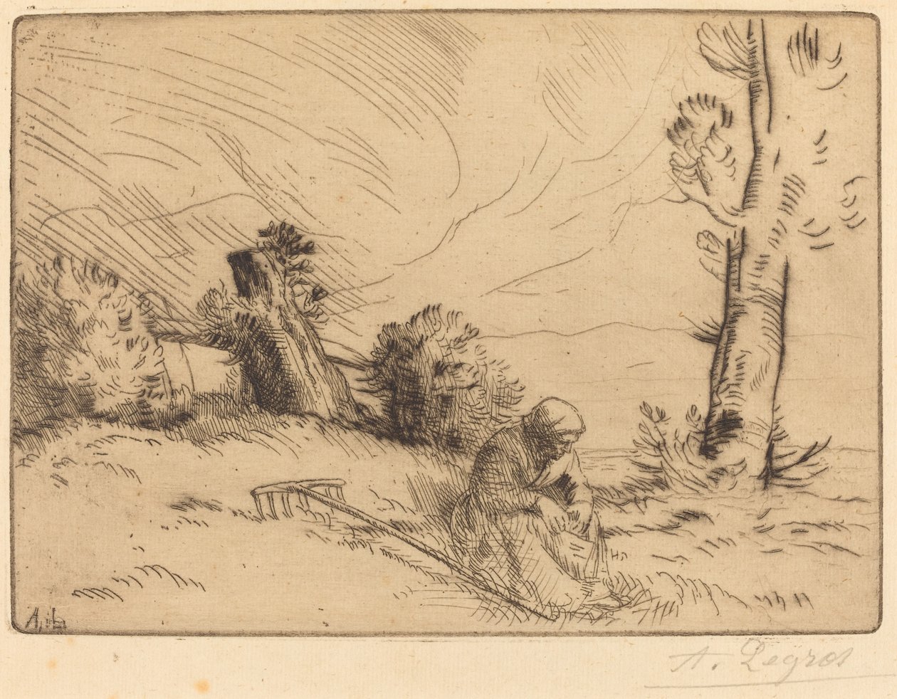 Mulher camponesa sentada perto de uma cerca viva de Alphonse Legros