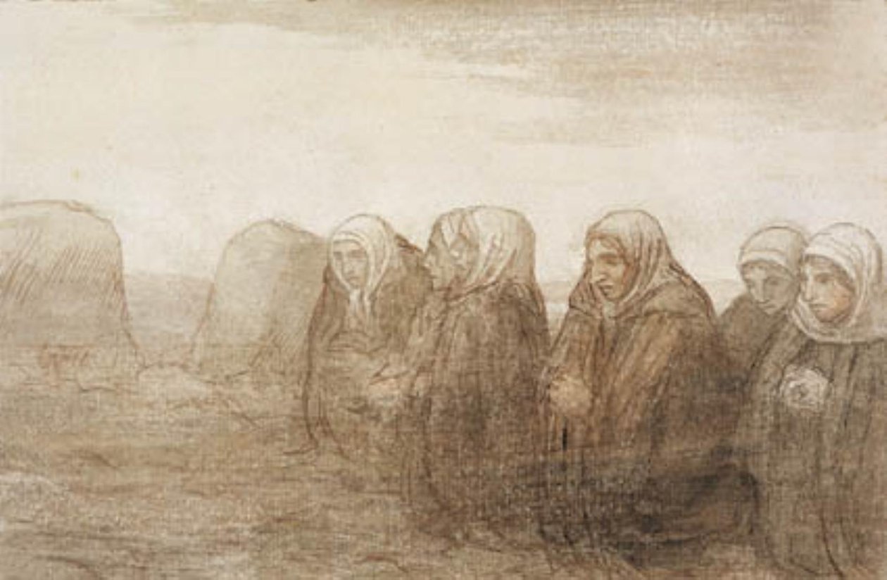 Seis esposas camponesas em oração em um campo de outono de Alphonse Legros