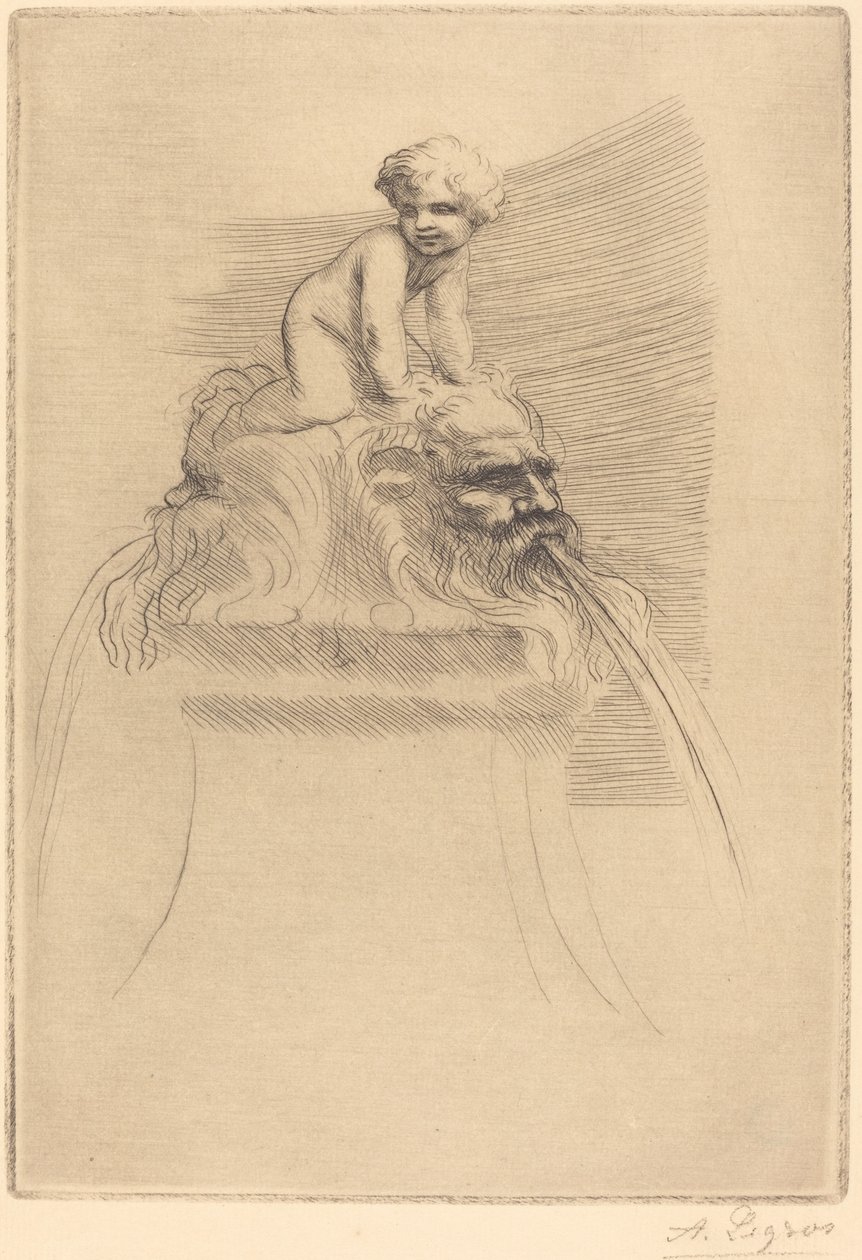 Fonte pequena, criança brincando nos grotescos Fonte pequena, criança brincando nas máscaras. de Alphonse Legros