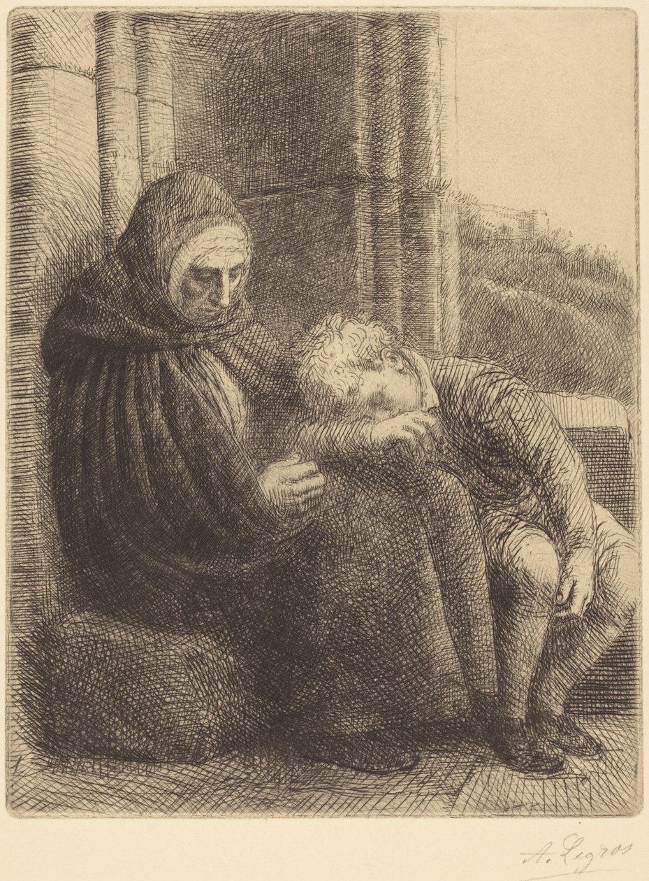 Mulher sentada de costas para uma parede, criança com a cabeça no seu colo (Mulher sentada, parede ao fundo, criança com a cabeça no seu colo) de Alphonse Legros