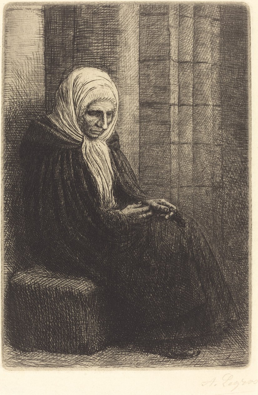 Mulher sentada contra a parede, criança com a cabeça no colo Femme assis, muraille au fond.... de Alphonse Legros