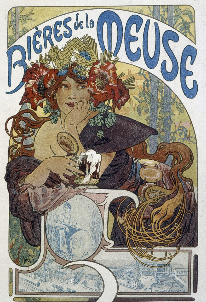 Les beers de la Meuse - publicidade, Arts Déco. de Alphonse Marie (after) Mucha
