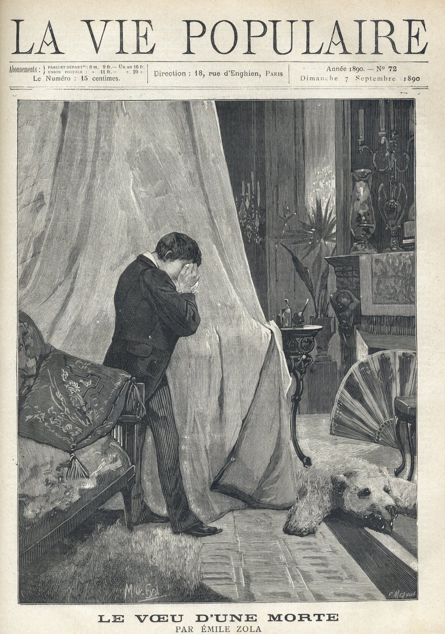 Um homem explora, escondendo as suas lágrimas e o seu rosto num lenço, de pé atrás da copa de uma cama, num quarto ricamente decorado, com pele de urso, almofadas bordadas, leque e vários vasos e candelabros. Ilustração de Alfons Maria Mucha (Alphonse Mar de Alphonse Mucha