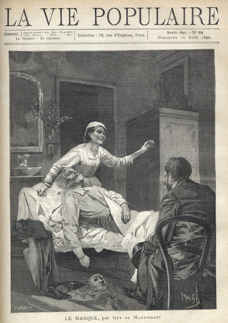 Um velho magricela com um rosto emaciado está se esticando, seu terno, seus sapatos e uma máscara de carnaval estão se arrastando perto de sua fralda (um jete de lençol em um sofá), em "La Vie Populaire". de Alphonse Mucha