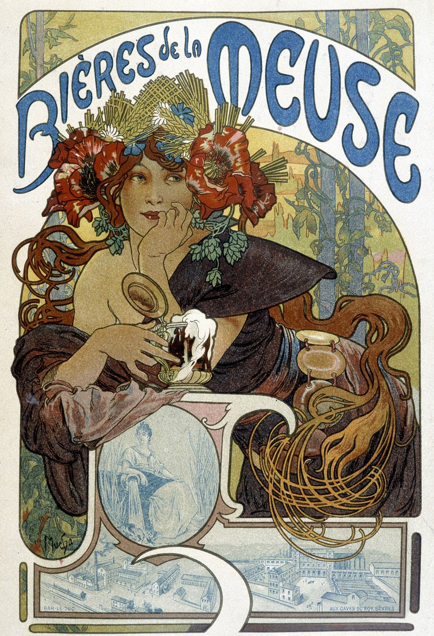 Publicidade para a cerveja do Meuse. Ilustração de Mucha (pintor e desenhador de cartazes checo de Alphonse Mucha