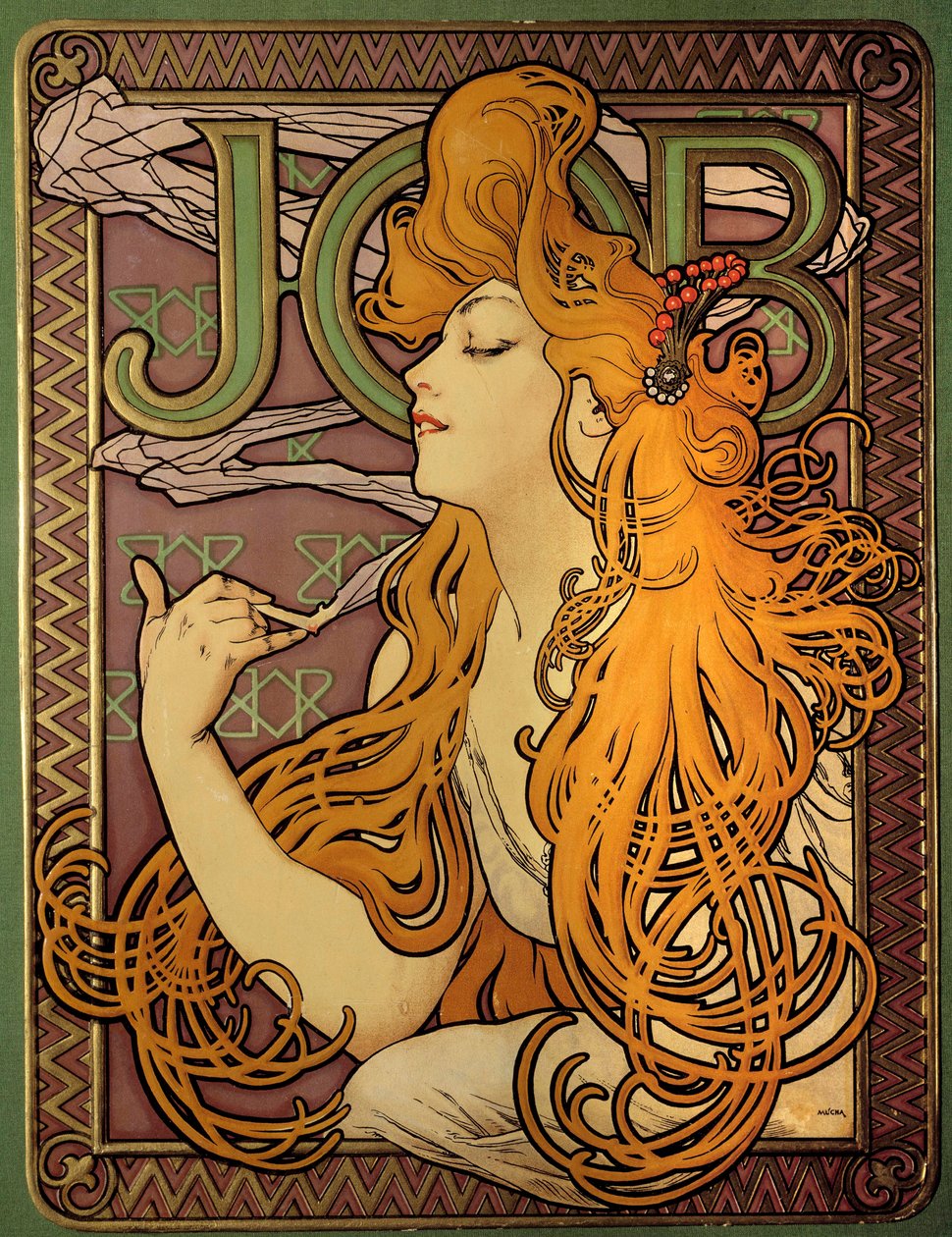 Publicidade para a marca de papéis um cigarro "Job", Litografia de Alphonse Mucha (1860-1939), ilustrur tchecoslovaque de Alphonse Mucha