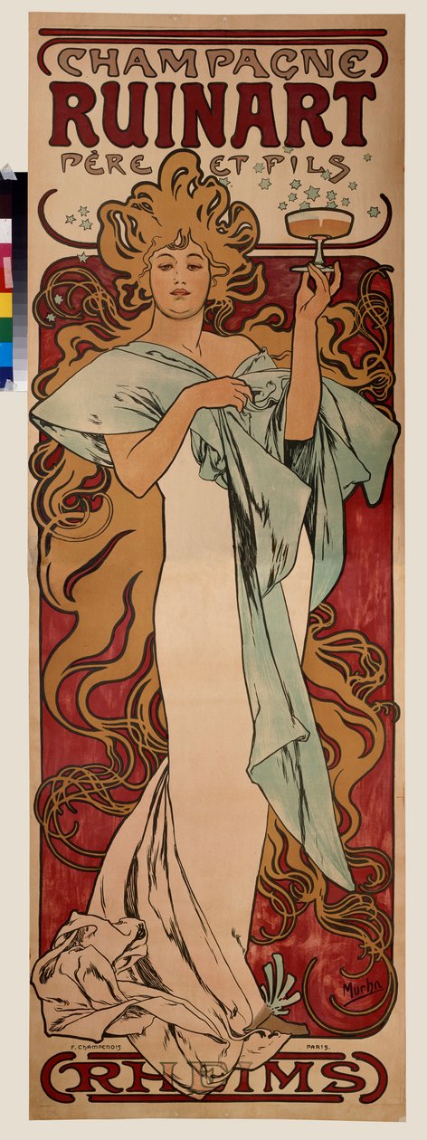 Cartaz publicitário para champanhe Ruinart. Pôster de Alfons Maria Mucha (Alphonse Marie Mucha de Alphonse Marie Mucha