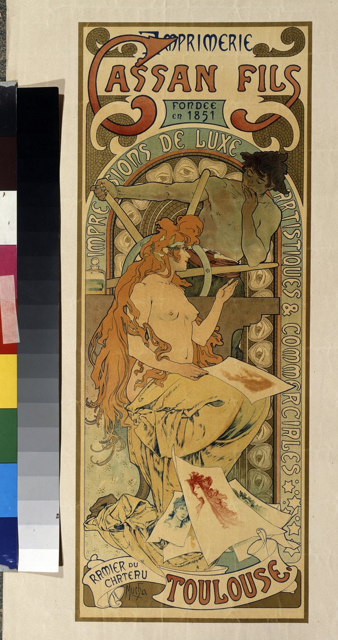 Cartaz publicitário para a tipografia ""Cassan Fils, impressão de luxo, artística e comercial"" em Toulouse. Pôster de Alfons Maria Mucha (Alphonse Marie Mucha de Alphonse Marie Mucha