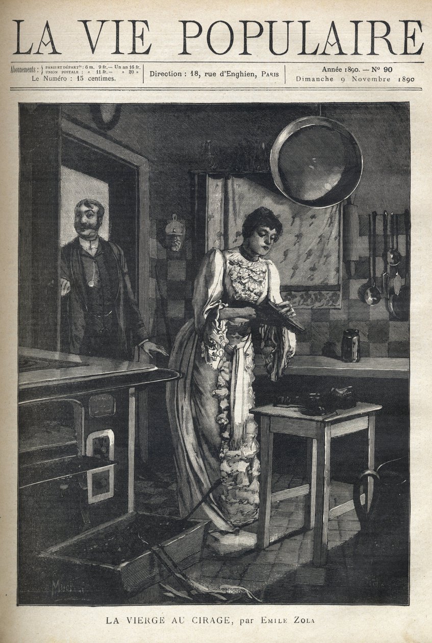 Uma mulher elegante depila um sapato na cozinha de uma casa. Um homem abre a porta atrás dela. Ilustração de Alfons Maria Mucha (Alphonse Marie Mucha de Alphonse Mucha