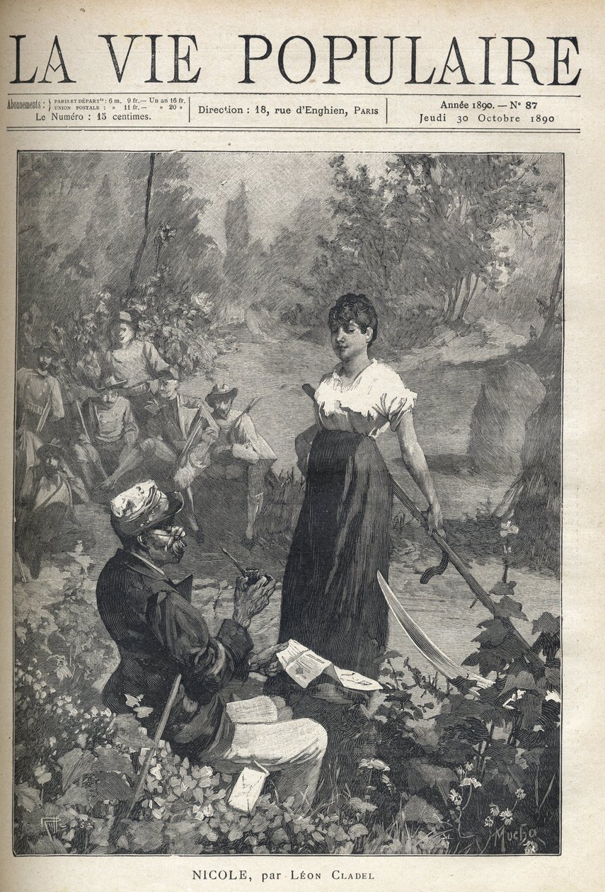 Um velho lê uma carta para um belo jovem camponês segurando uma falsa (ceifeiro). Os caçadores estão a observar a cena ao longe. Ilustração de Alfons Maria Mucha (Alphonse Marie Mucha de Alphonse Mucha