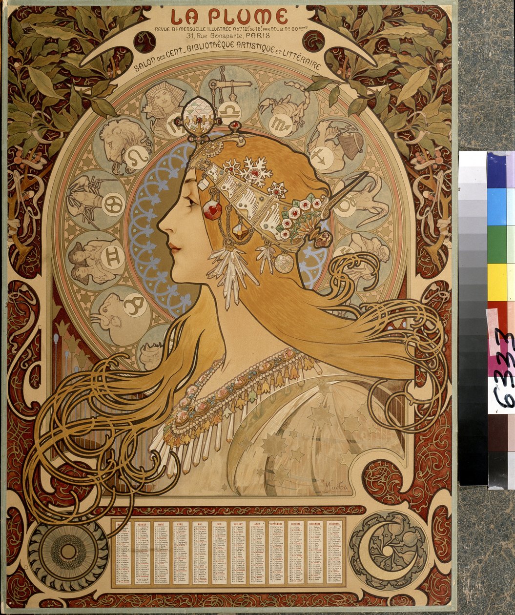 Calendário ""La Plume"", revista bimestral ilustrada do Salon des Cent. Biblioteca artística e literária. Obra de Alfons Maria Mucha (Alphonse Marie Mucha de Alphonse Marie Mucha