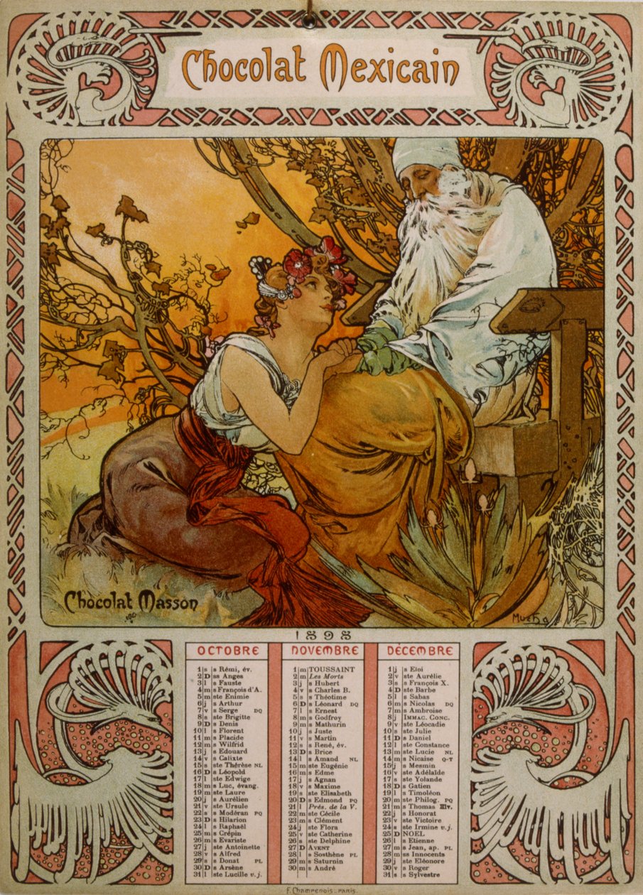 Calendário Chocolate Masson ilustrado por Mucha (1860 1939). um pintor checo Art Nouveau de Alphonse Mucha