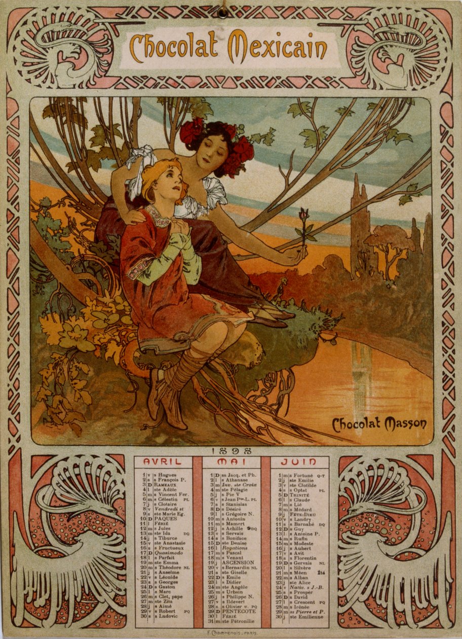 Calendário Chocolate Masson ilustrado por Mucha (1860 1939). um pintor checo Art Nouveau de Alphonse Mucha