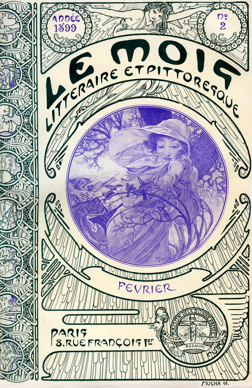 Capa da revista (revista mensal) Le Month litteraire et picturesque de Alphonse Mucha (1860-1939): mês de Fevereiro de 1899 - Maison de la Bonne Presse - de Alphonse Mucha