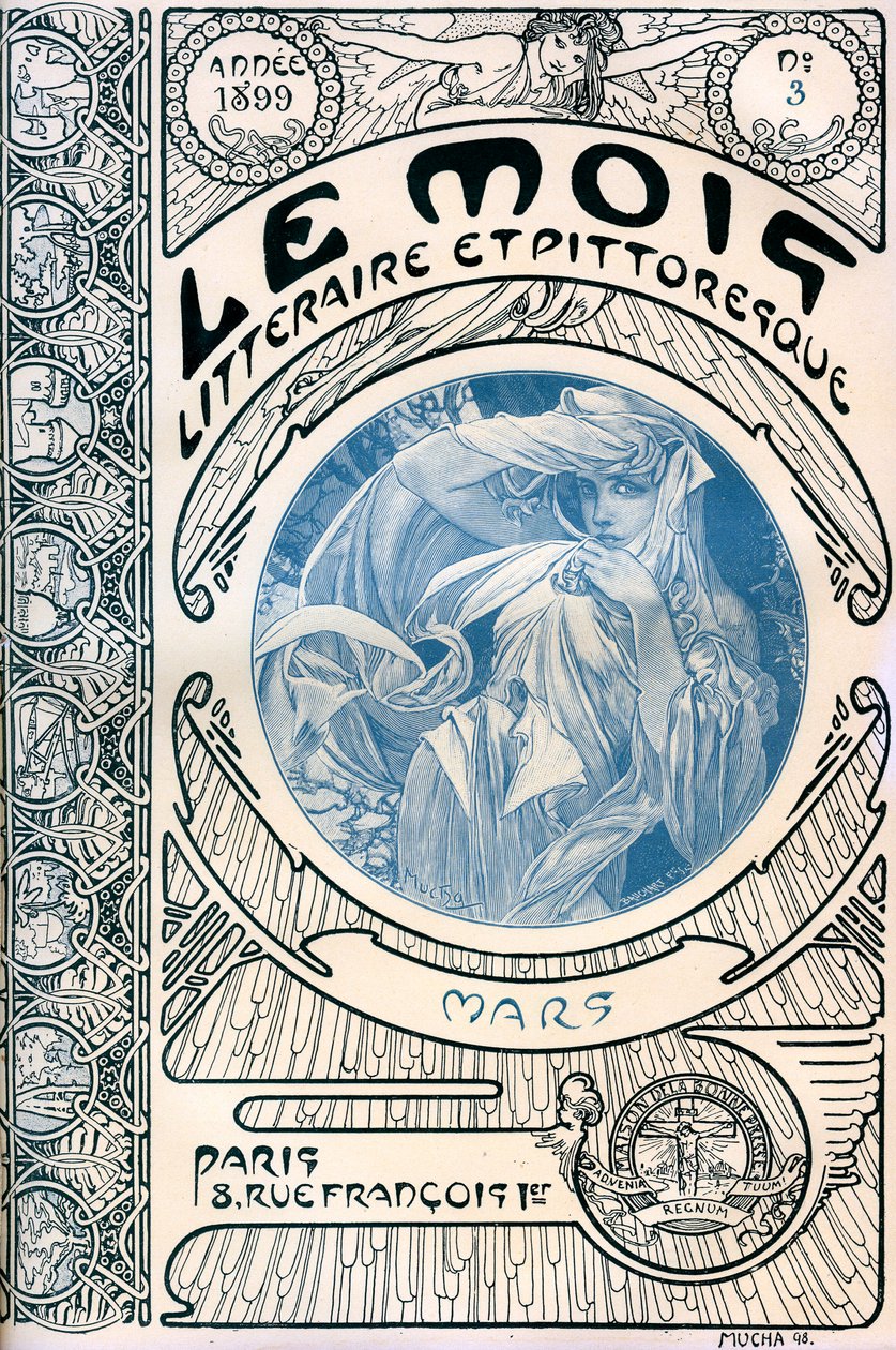 Capa da revista (revista mensal) The Litterary and Picturesque Month by Alphonse Mucha (1860-1939): Março 1899 - Maison de la Bonne Presse - de Alphonse Mucha