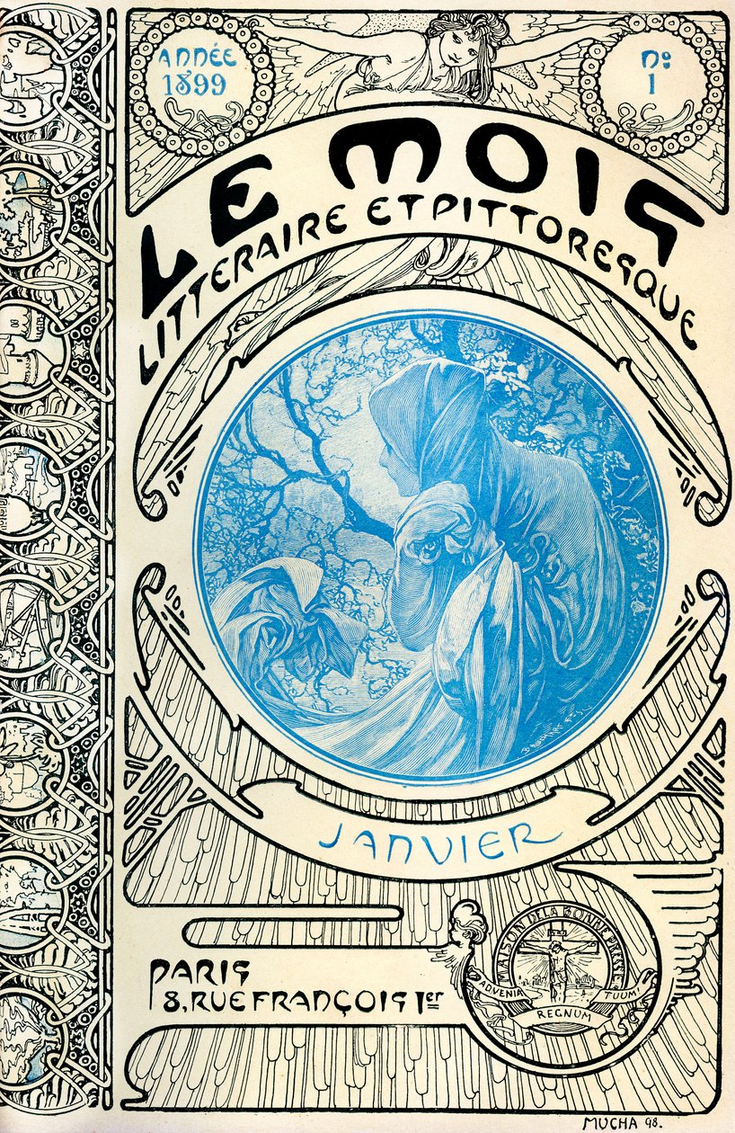 Capa da revista (revista mensal) The Litterary and Picturesque Month by Alphonse Mucha (1860-1939): Janeiro 1899 - Maison de la Bonne Presse - de Alphonse Mucha