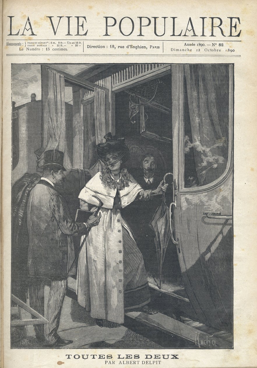 Adeus entre um homem e uma mulher entrando em um trem na plataforma de uma estação. Ilustração de Alfons Maria Mucha (Alphonse Marie Mucha de Alphonse Mucha