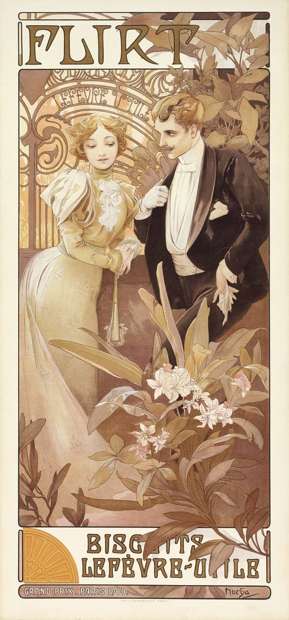 Flirt, c.1895-1900 (cor litho) de Alphonse Mucha