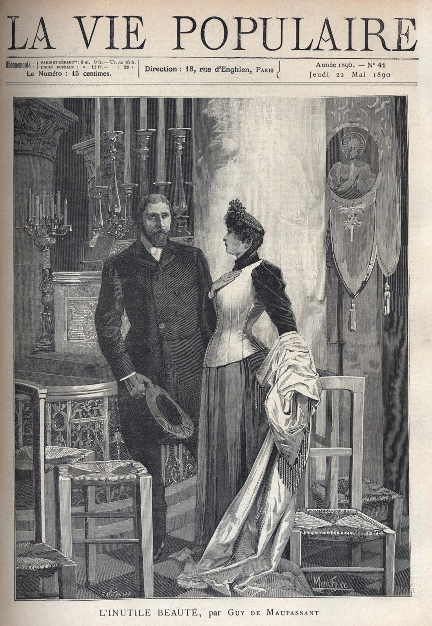 Em uma igreja, um belo e elegante casal se levanta entre velas e ora a Deus. Ilustração de Alfons Maria Mucha (Alphonse Marie Mucha de Alphonse Mucha
