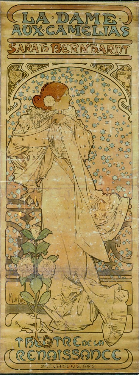 La Dame aux Camelias com a atriz Sarah Bernhardt, Theatre de la Renaissance, Paris 1894 (cartaz) de Alphonse Marie Mucha